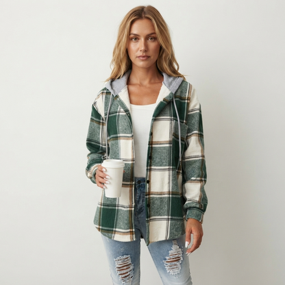 Damska Elegancka Flanelowa Kurtka z Kapturem w Kratę