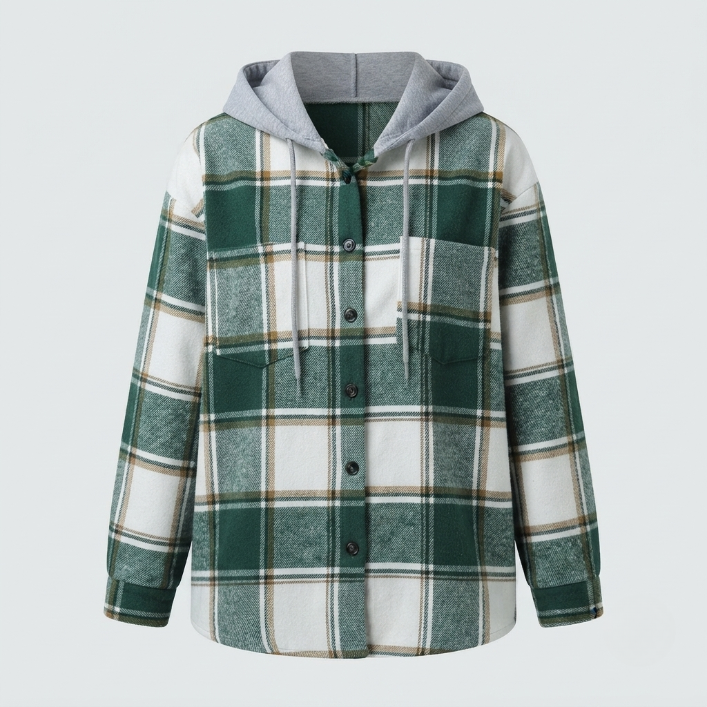 Damska Elegancka Flanelowa Kurtka z Kapturem w Kratę