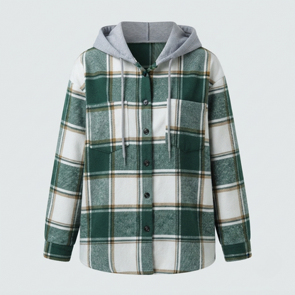 Damska Elegancka Flanelowa Kurtka z Kapturem w Kratę