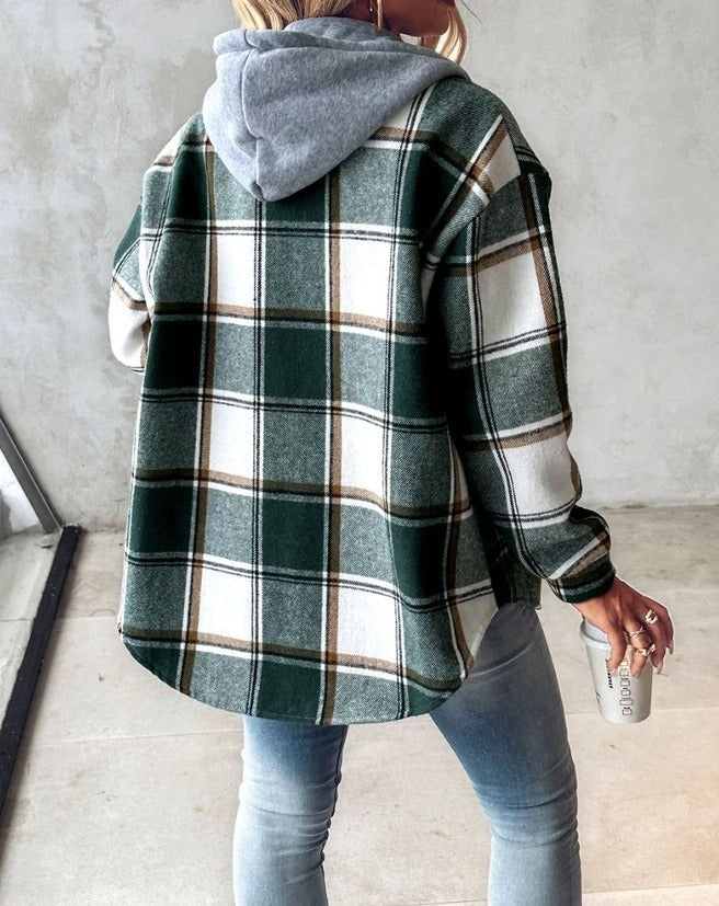 Damska Elegancka Flanelowa Kurtka z Kapturem w Kratę