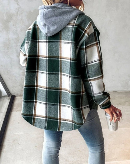 Damska Elegancka Flanelowa Kurtka z Kapturem w Kratę