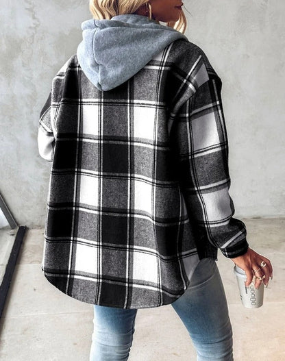 Damska Elegancka Flanelowa Kurtka z Kapturem w Kratę