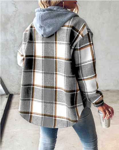 Damska Elegancka Flanelowa Kurtka z Kapturem w Kratę