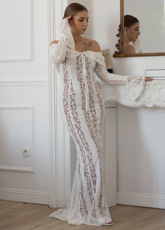 Damska Koronkowa Sukienka Maxi | Elegancka Biała Sukienka na Specjalne Okazje