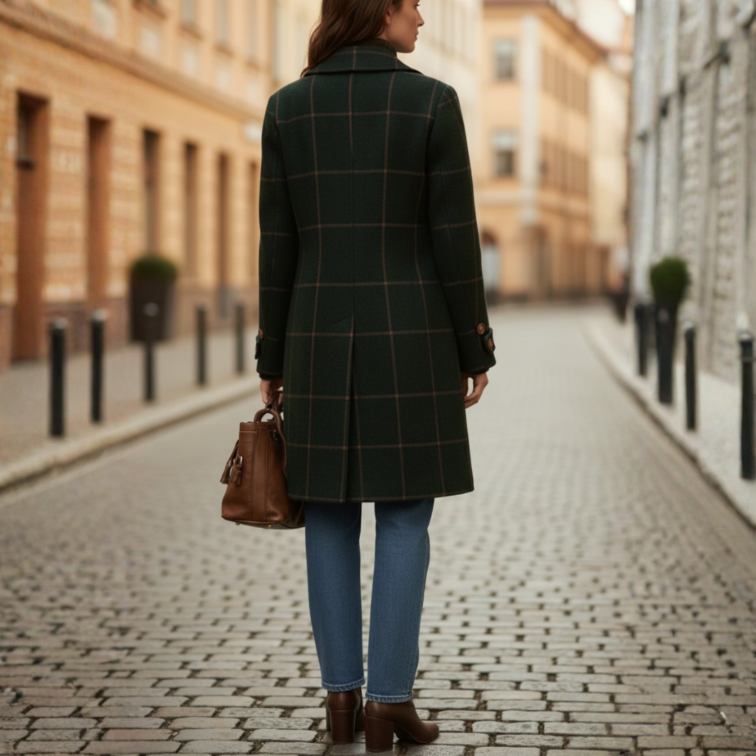 Damski Długi Elegancki Płaszcz Zimowy w Kratkę