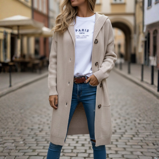 Damski Długi Kapturowy Kardigan z Dzianiny na Jesień Zimę