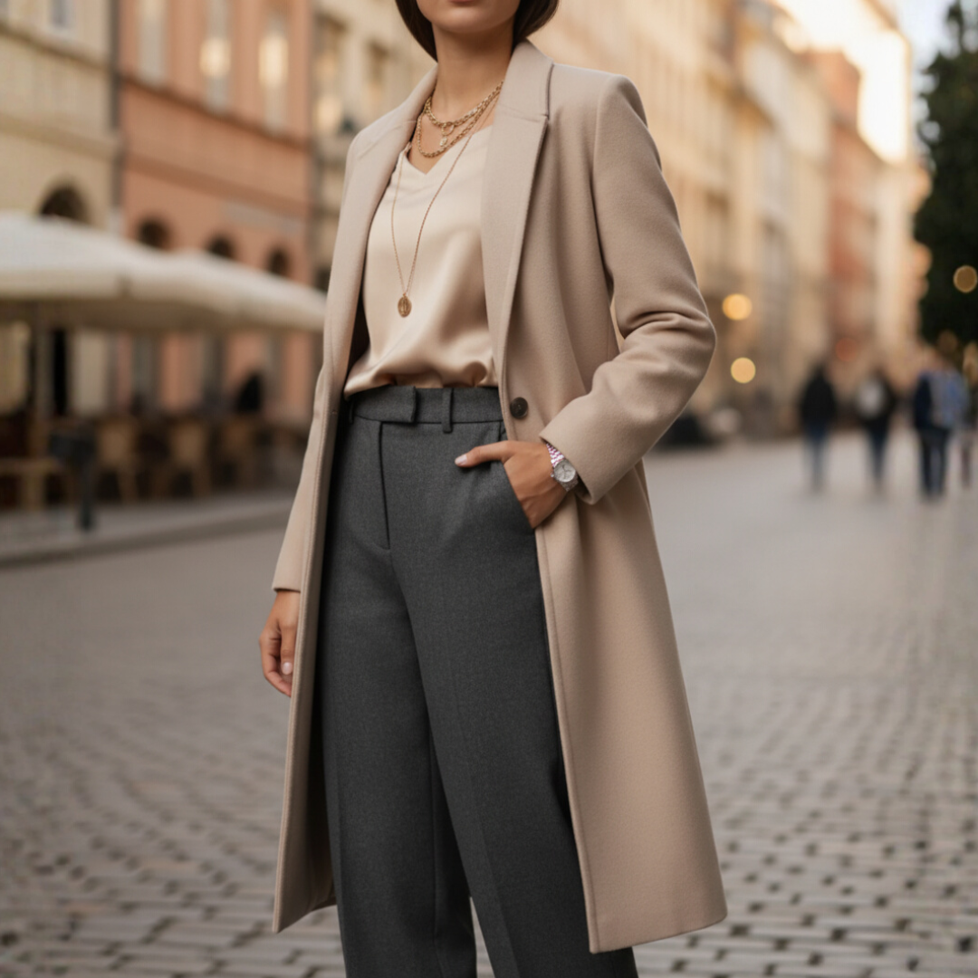 Damski Elegancki Długi Płaszcz Zimowy W Morelowym Beżowym Czarnym I Brązowym Kolorze