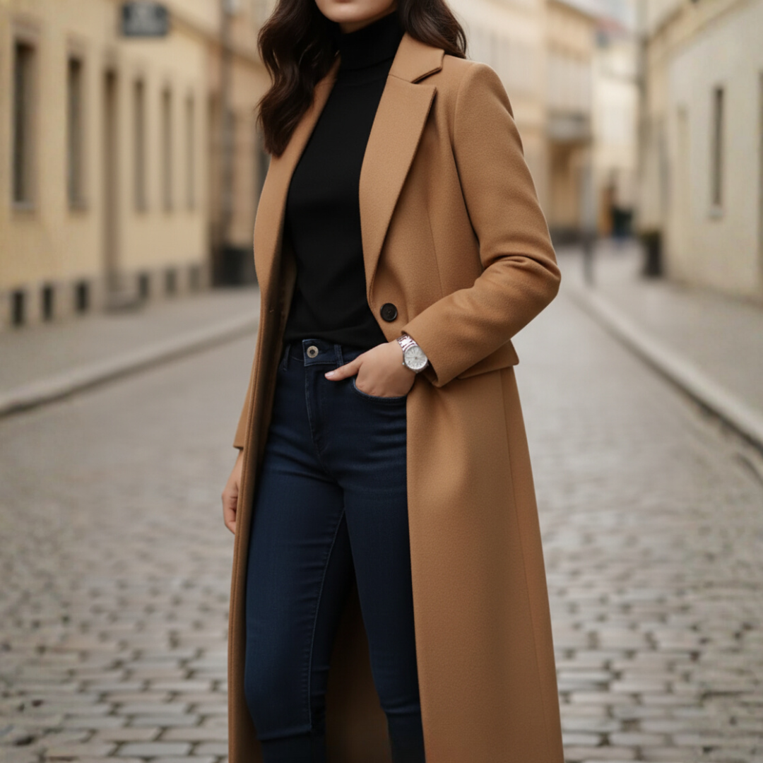 Damski Elegancki Długi Płaszcz Zimowy W Morelowym Beżowym Czarnym I Brązowym Kolorze