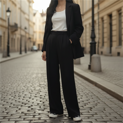 Damski Elegancki Garnitur Komplet z Jednorzędową Marynarką i Szerokimi Spodniami