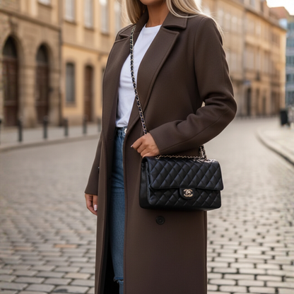 Damski Elegancki Zimowy Płaszcz z Paskiem Dwurzędowym
