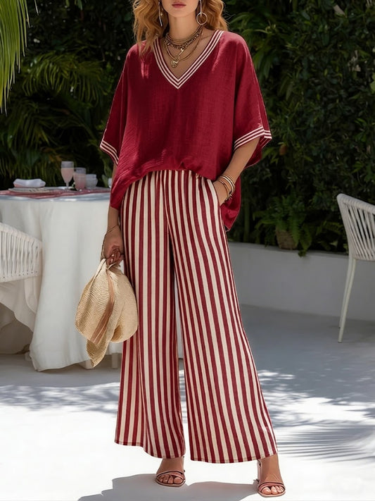 Damski Komplet Bawełniano-Lnowy w Paski | Eleganckie Letnie Dresy Damskie Komplet