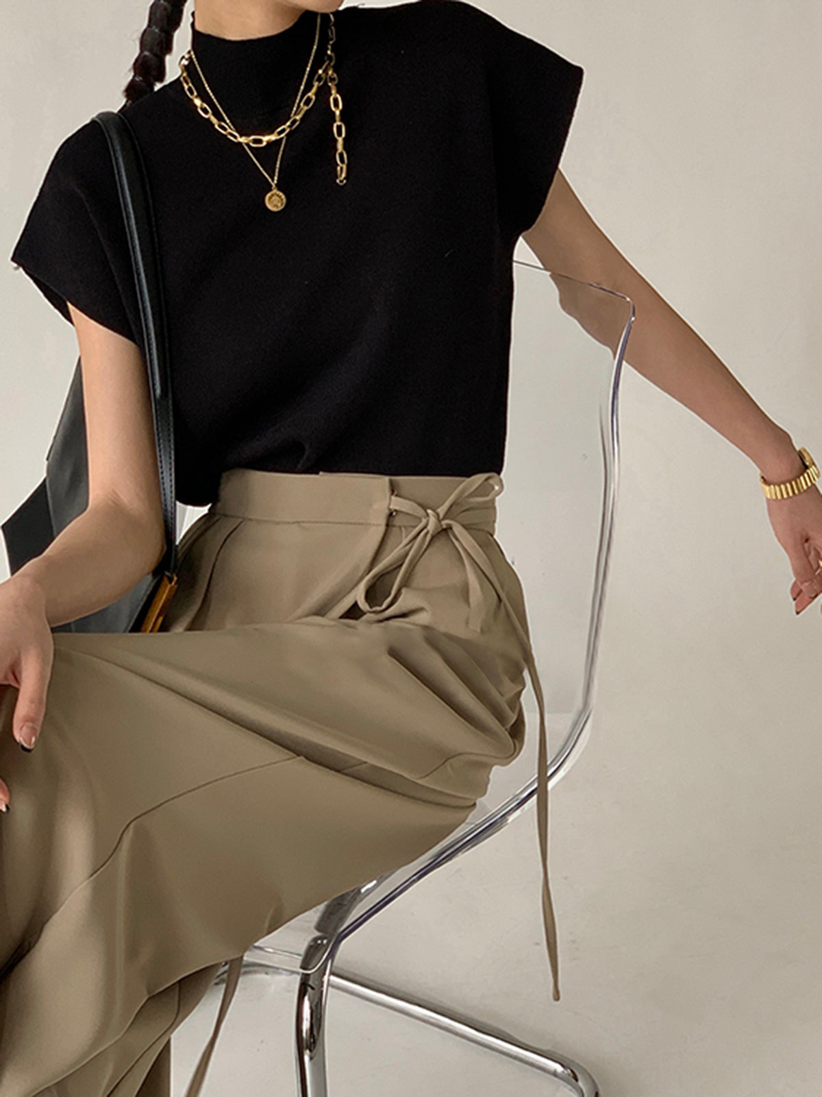 Damski Minimalistyczny Elegancki Top Bez Rękawów Czarny