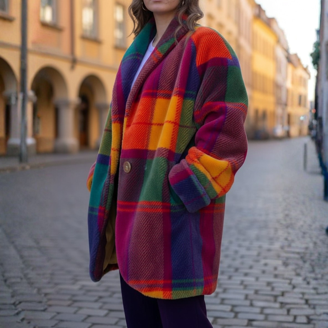Damski Oversize Płaszcz Wielobarwny Zimowy w Kratkę