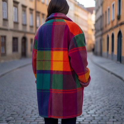 Damski Oversize Płaszcz Wielobarwny Zimowy w Kratkę