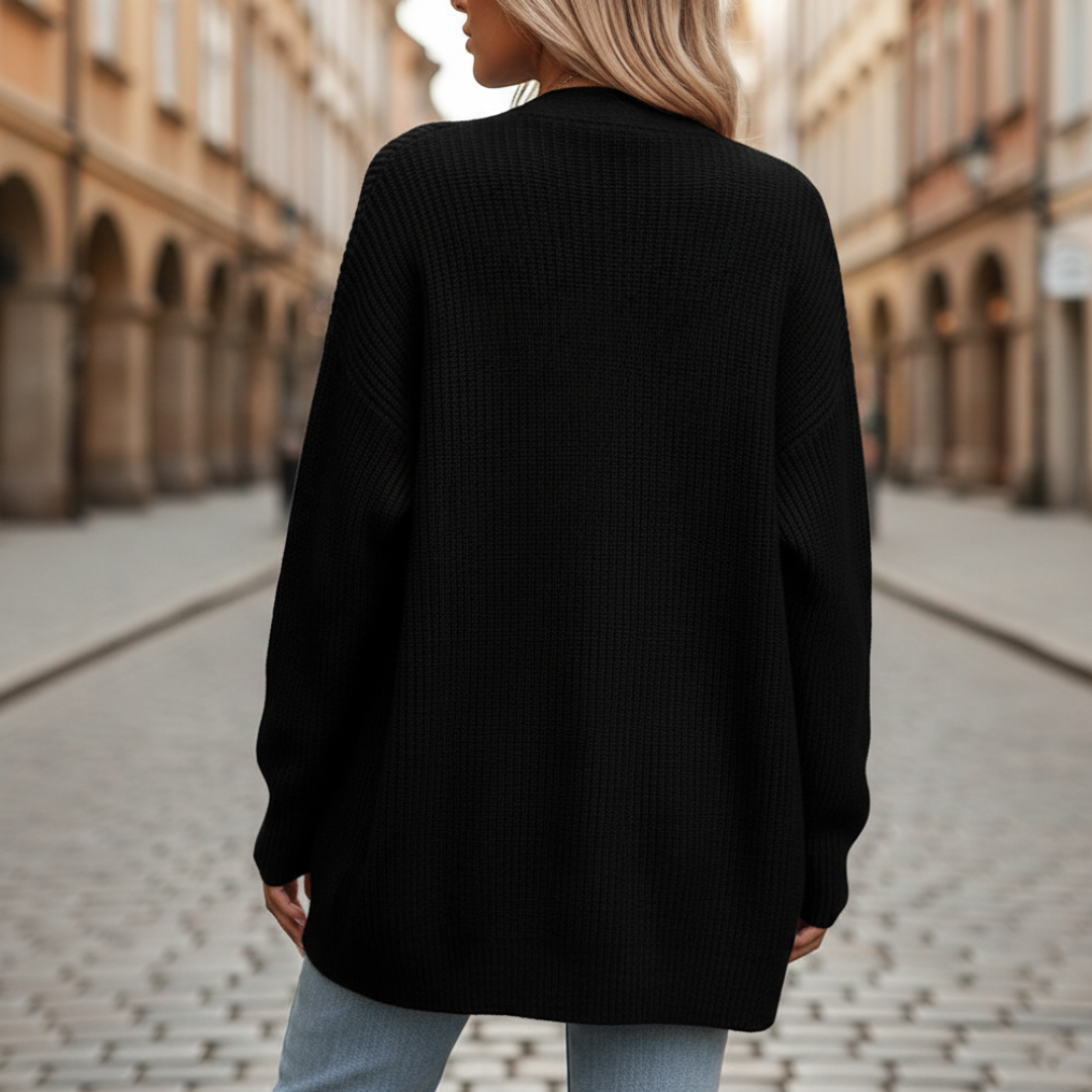 Damski Oversize Prążkowany Długi Czarny Kardigan