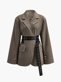 Damski Oversizowany Oliwkowy Blezer z Paskiem Military-Chic