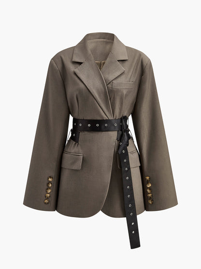 Damski Oversizowany Oliwkowy Blezer z Paskiem Military-Chic