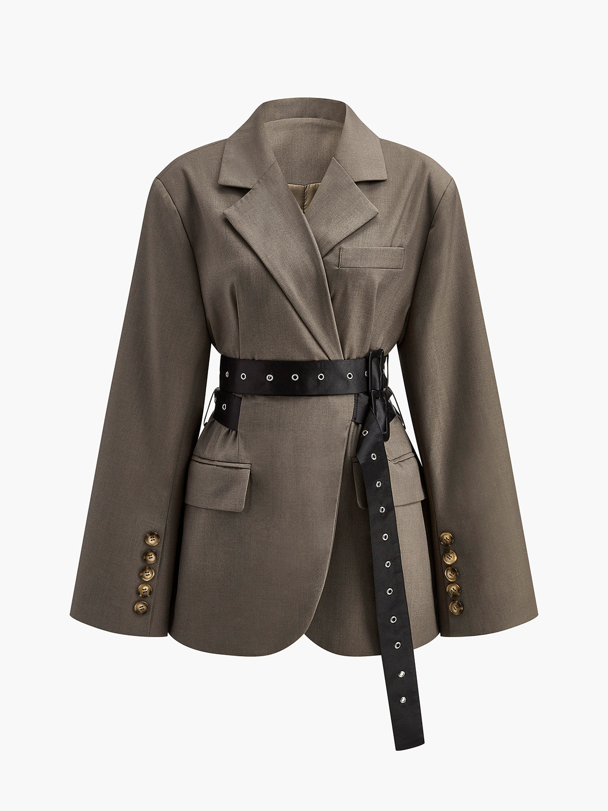 Damski Oversizowany Oliwkowy Blezer z Paskiem Military-Chic