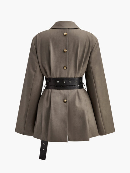 Damski Oversizowany Oliwkowy Blezer z Paskiem Military-Chic