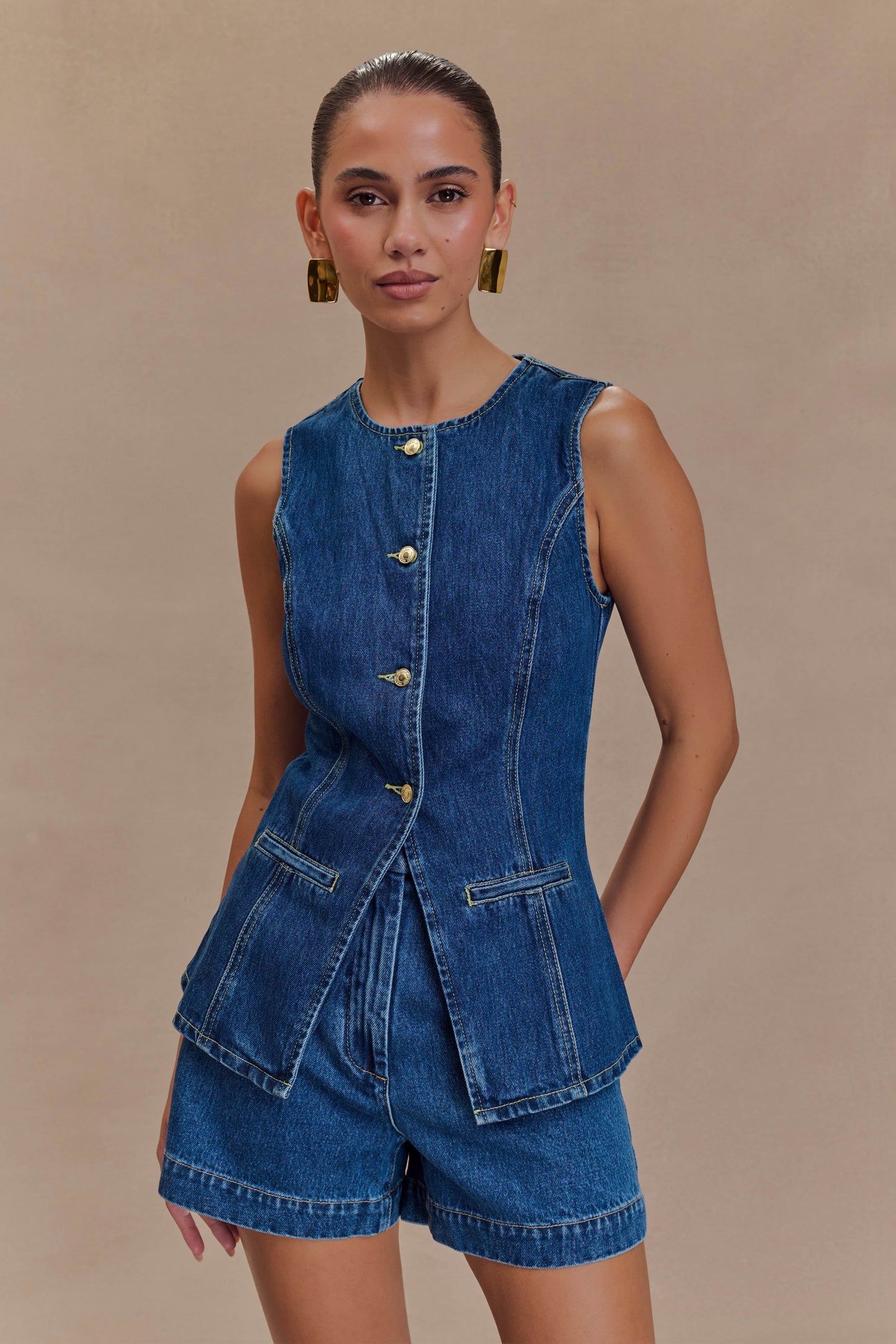 Damski Strukturalny Dżinsowy Zestaw | Elegancki Top i Spodenki z Wysokim Stanem na Lato