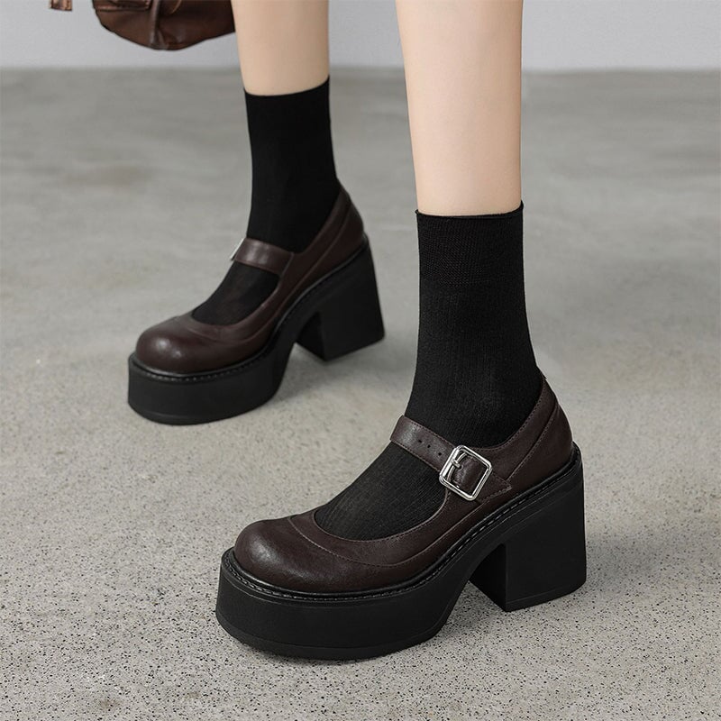 Damskie Chunky Platform Mary Jane Szpilki z Paskiem