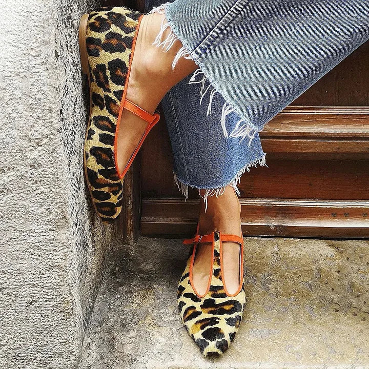 Damskie Skórzane Baleriny | Eleganckie Płaskie Buty w Panterkę