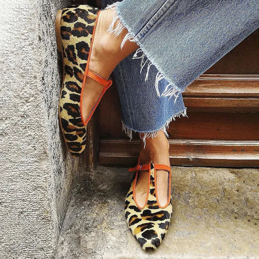 Damskie Skórzane Baleriny | Eleganckie Płaskie Buty w Panterkę
