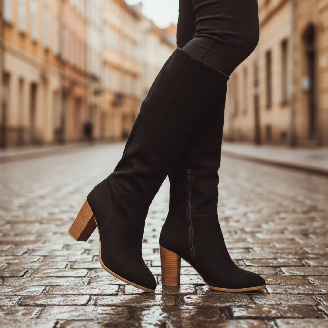 Damskie Wysokie Buty Zamszowe Na Kwadratowym Obcasie
