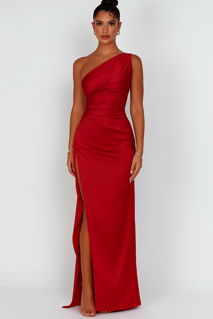 Elegancka Sukienka Maxi na Wesele z Satyny z Wysokim Rozcięciem | Stylowy Krój dla Wyrafinowanego Wyglądu