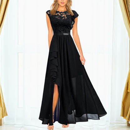 Elegancka Sukienka Maxi z Koronką i Szyfonem z Rozcięciem | Wyrafinowany Styl na Wieczorne Przyjęcia