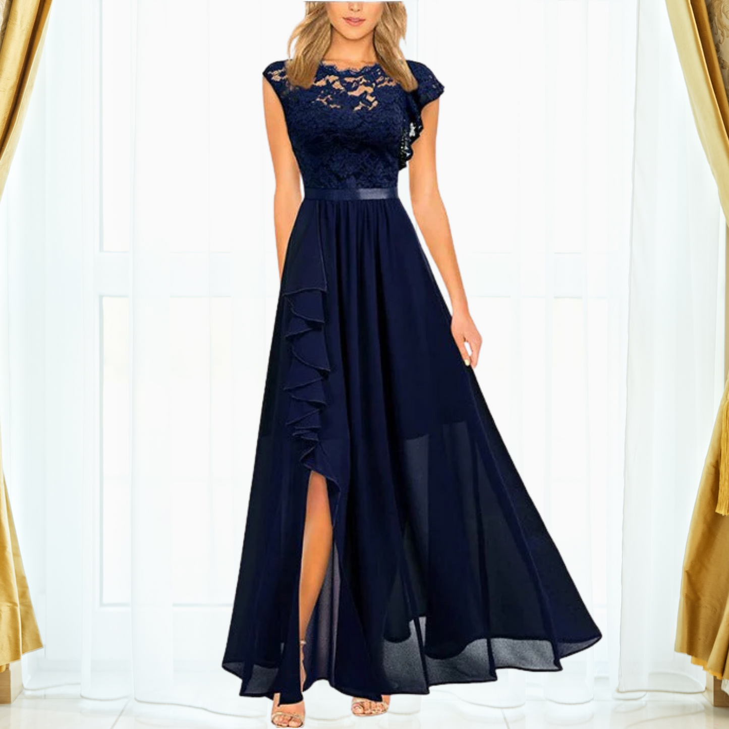 Elegancka Sukienka Maxi z Koronką i Szyfonem z Rozcięciem | Wyrafinowany Styl na Wieczorne Przyjęcia