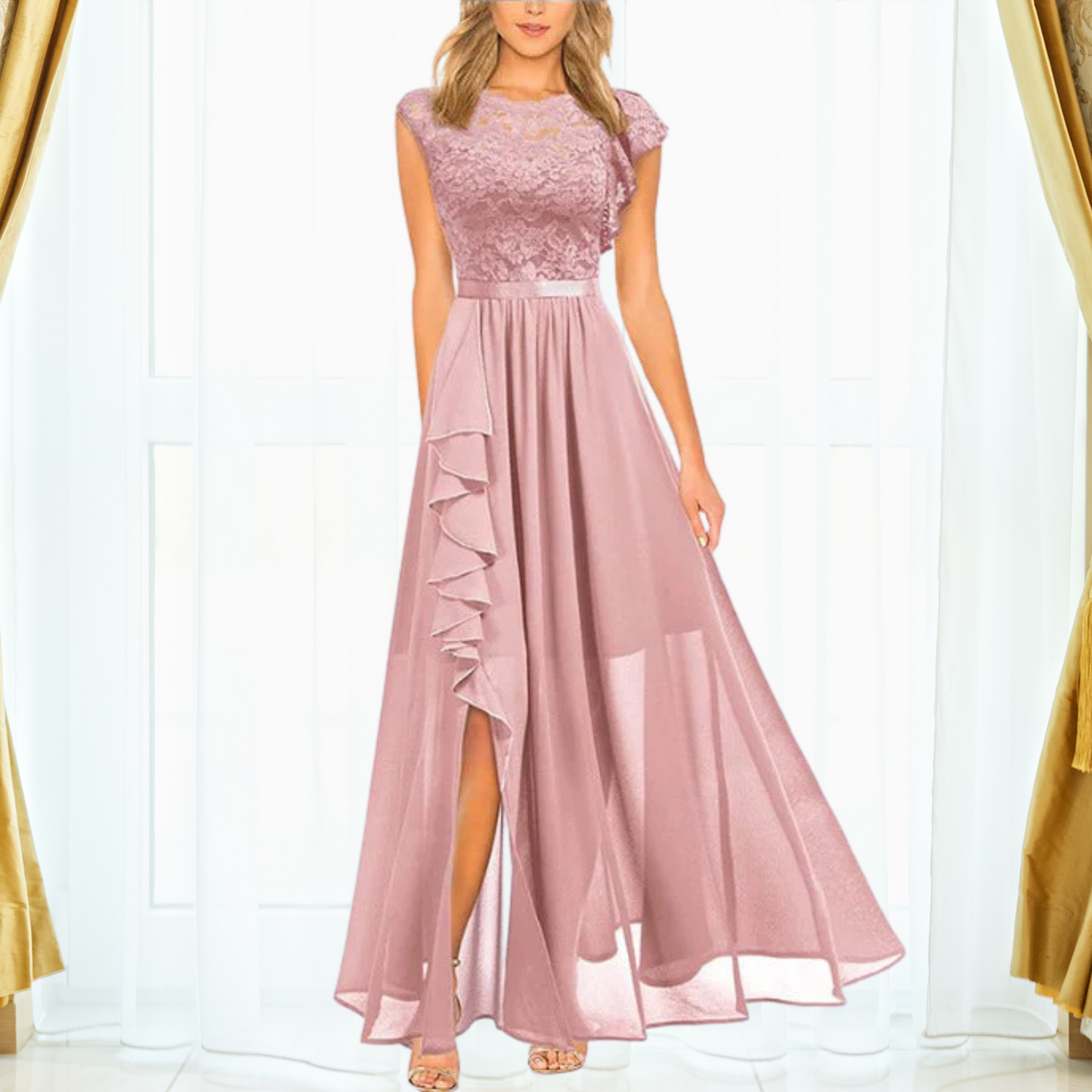 Elegancka Sukienka Maxi z Koronką i Szyfonem z Rozcięciem | Wyrafinowany Styl na Wieczorne Przyjęcia