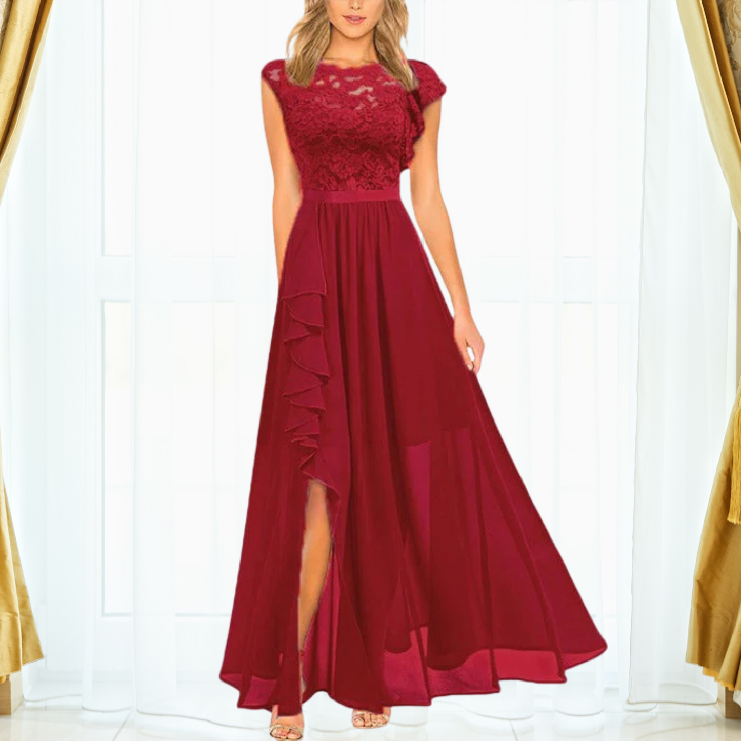 Elegancka Sukienka Maxi z Koronką i Szyfonem z Rozcięciem | Wyrafinowany Styl na Wieczorne Przyjęcia