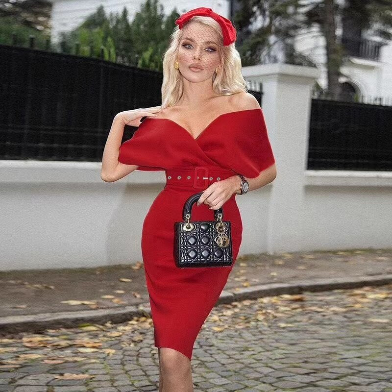 Elegancka Sukienka Midi z Odsłoniętymi Ramionami i Paskiem dla Kobiet | Idealna na Wesele lub Wieczorne Wyjścia