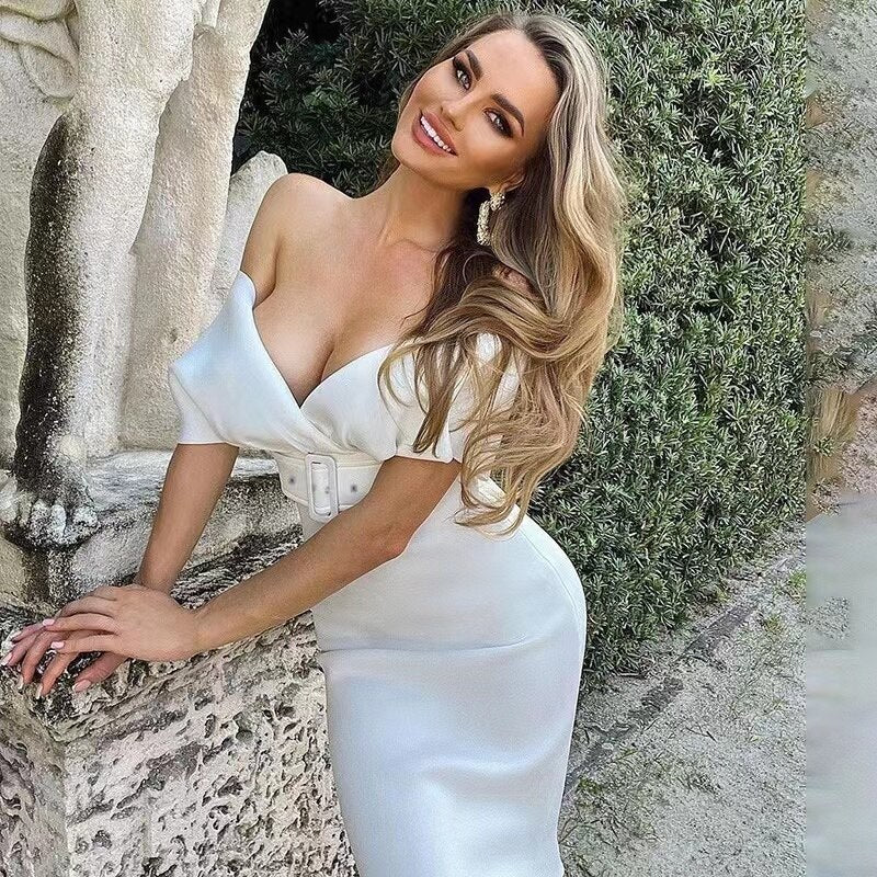 Elegancka Sukienka Midi z Odsłoniętymi Ramionami i Paskiem dla Kobiet | Idealna na Wesele lub Wieczorne Wyjścia