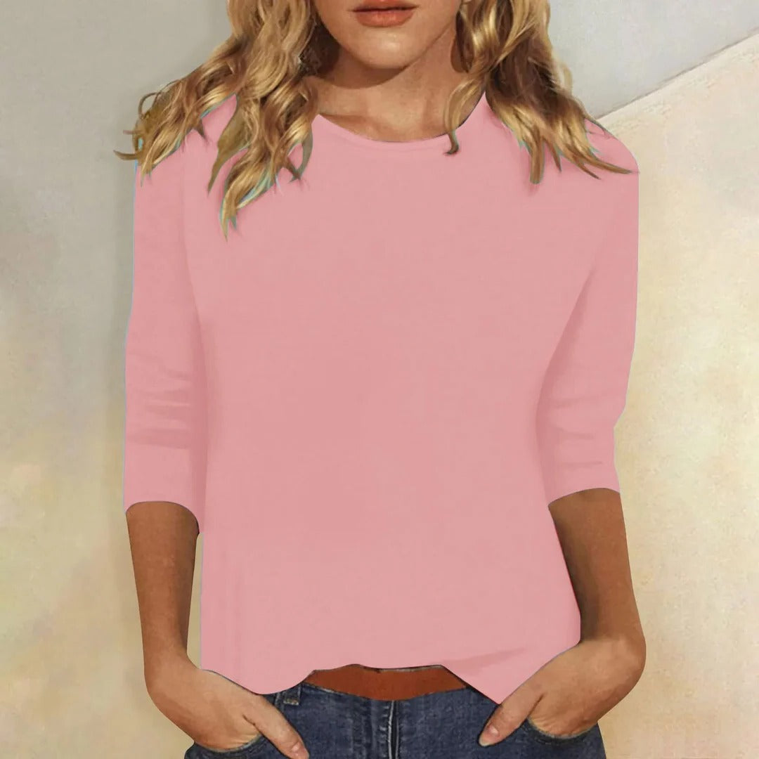 Elegancki Top Damski z Okrągłym Dekoltem i Rękawem 3/4 | Wygodny Casualowy Styl na Co Dzień 0