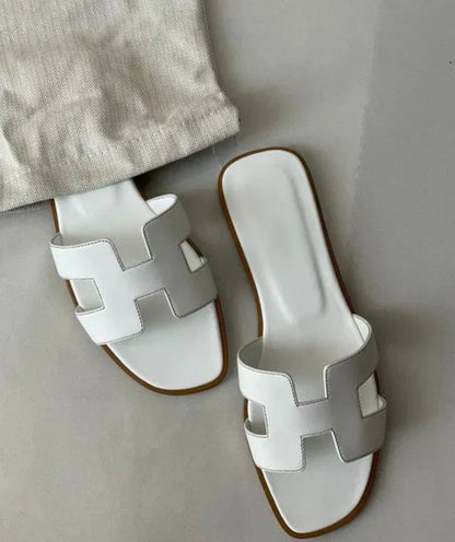 Eleganckie Sandały Damskie Skórzane z Paskiem w Kształcie H | Wygodne Wsuwane Obuwie na Niski Obcas dla Stylowych Okazji