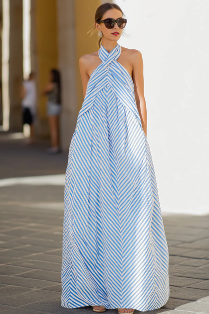 Emily | Letnia Damska Sukienka Maxi w Paski z Dekoltem Halter 6