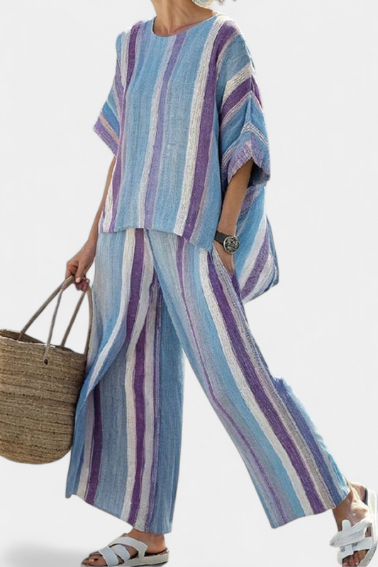 Elegancki pastelowy top i lniane spodnie w paski
