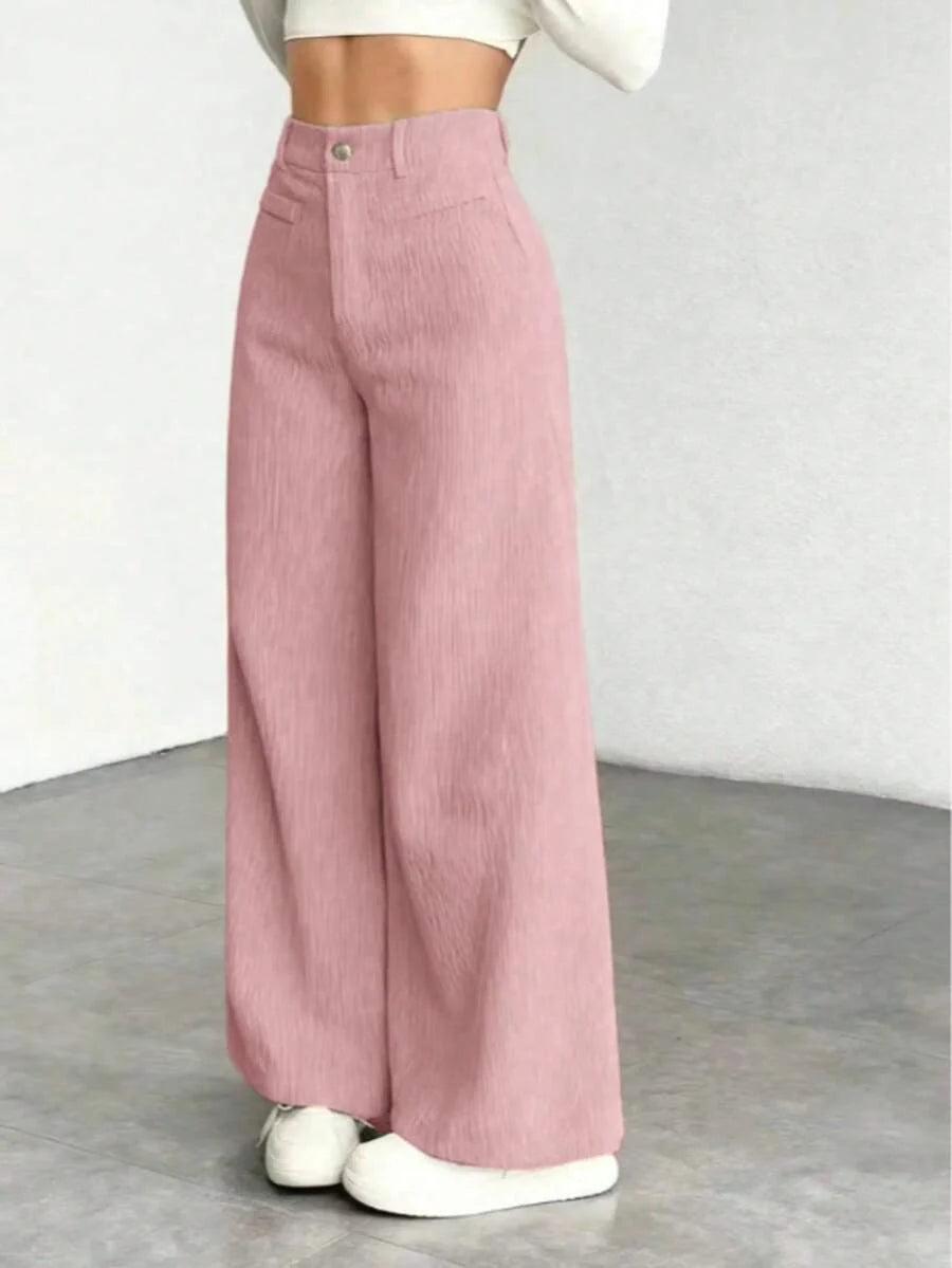 Spodnie Sztruksowe Damskie Szerokie z Kieszeniami z Klapką