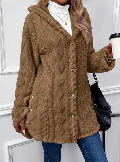 Kurtka Teddy Damska z Kapturem i Złotymi Guzikami