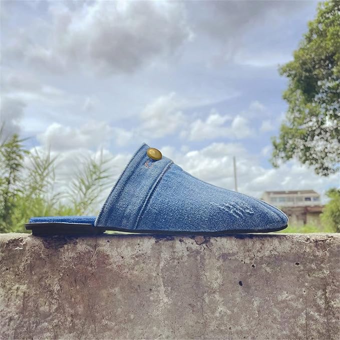 Klapki Damskie Dżinsowe | Eleganckie Szpiczaste Klapki Basenowe na Płaskiej Podeszwie
