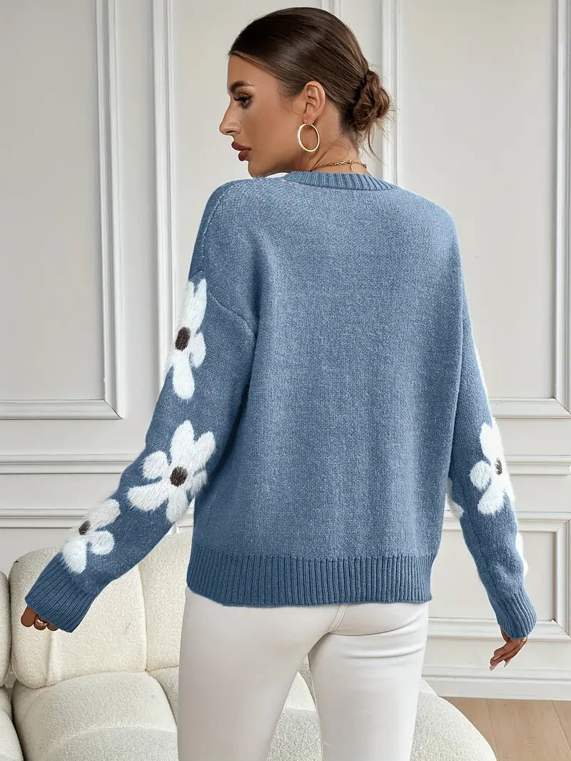 Sweter Damski z Kwiatowym Wzorem na Rękawach