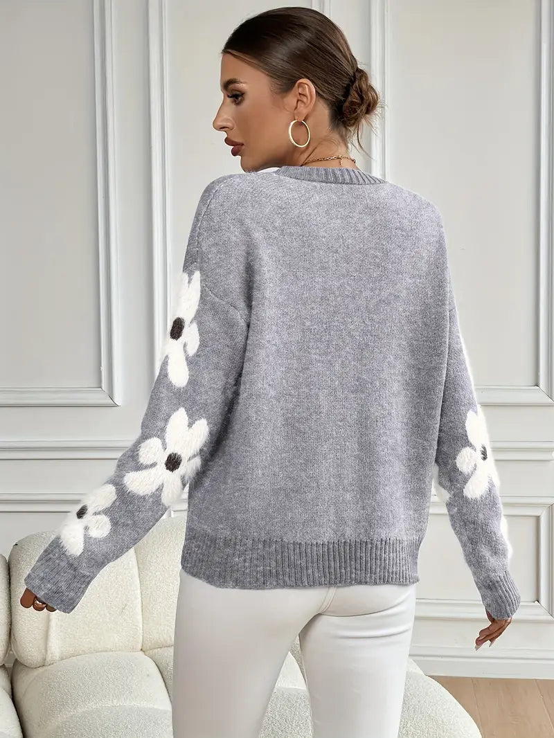 Sweter Damski z Kwiatowym Wzorem na Rękawach