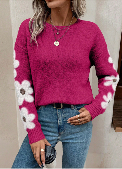 Sweter Damski z Kwiatowym Wzorem na Rękawach