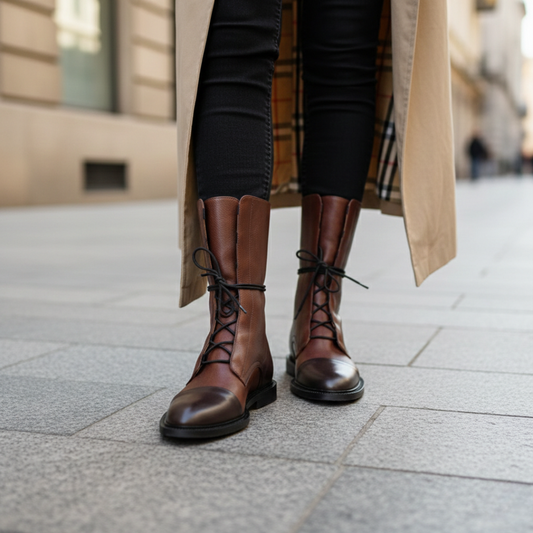 Kobiece Wysokie Sznurowane Buty Skórzane na Co Dzień