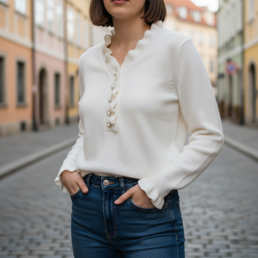 Kobieta Biały Sweter z Falbankami i Guzikami Perłowymi