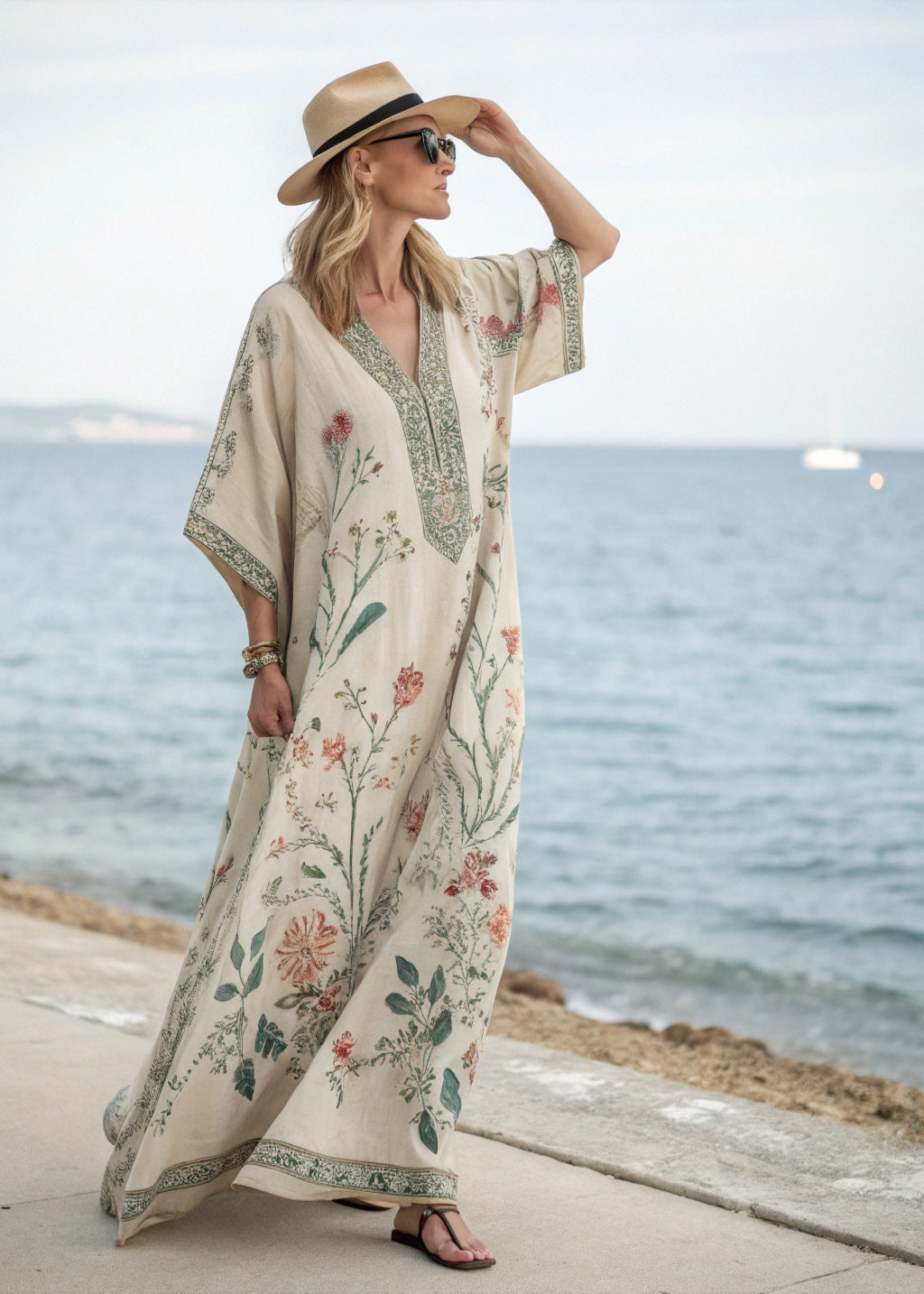 Kobieta Kwiatowa Mieszanka Bawełny Sukienka Letnia | Elegancka Luźna Maxi Kaftan na Wesele