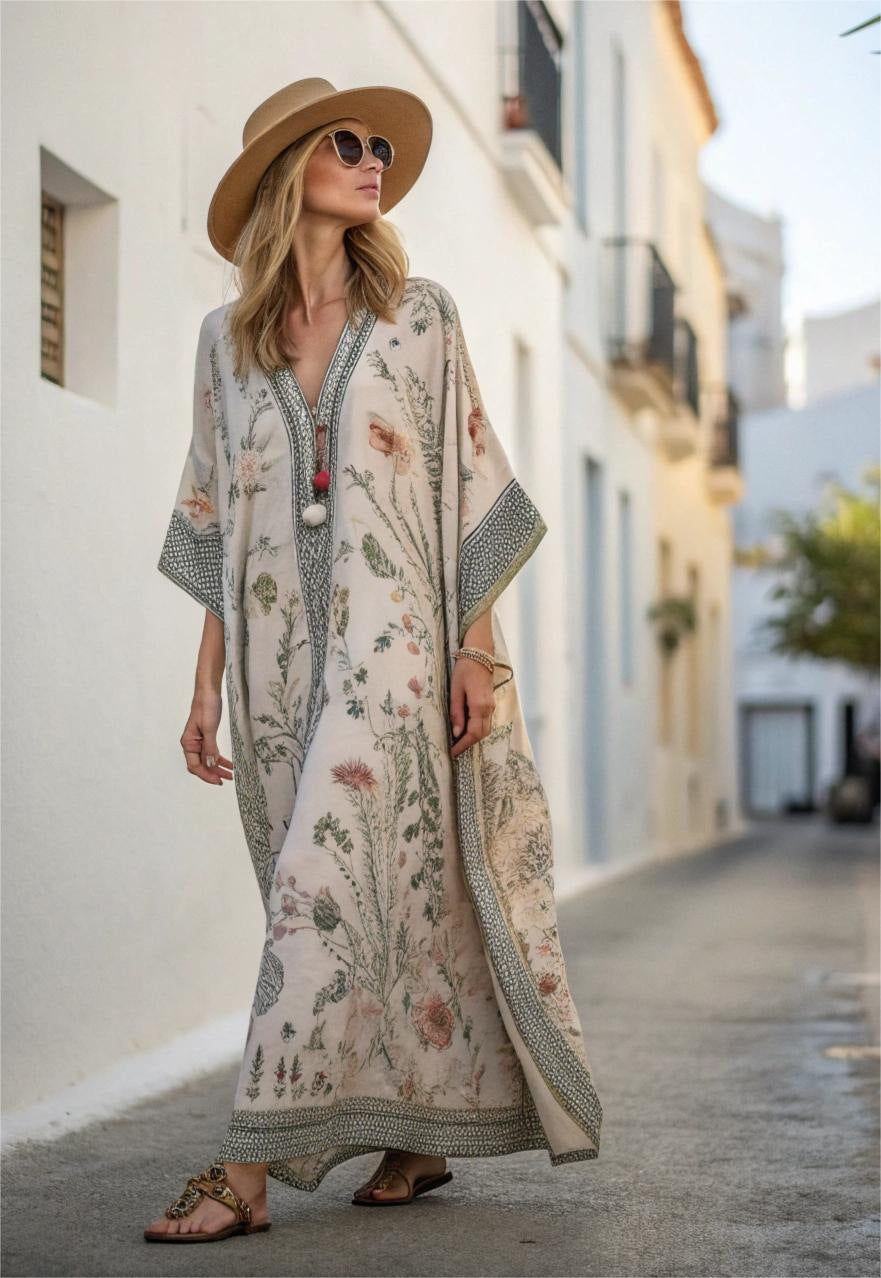 Kobieta Kwiatowa Mieszanka Bawełny Sukienka Letnia | Elegancka Luźna Maxi Kaftan na Wesele
