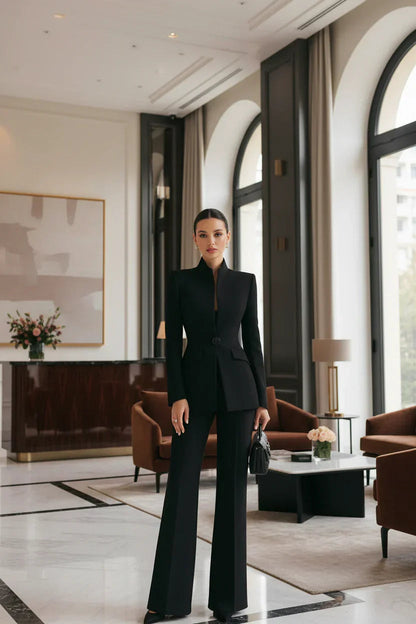 Kobieta | Mieszanka Tekstylna | Komplet Marynarka i Spodnie Palazzo | Elegancki i Wygodny